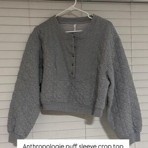 Anthropologie Quilted Puff Sleeve Cropped Sweatshirt in Light Gray